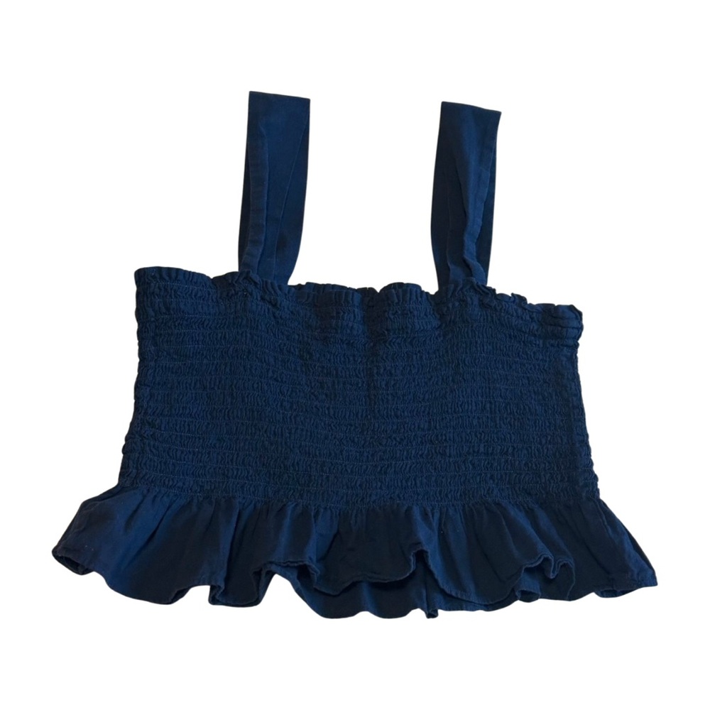 Uniqlo Navy Smocked Ruffle Hem Crop Top – Cottagecore Summer Staple Size XL